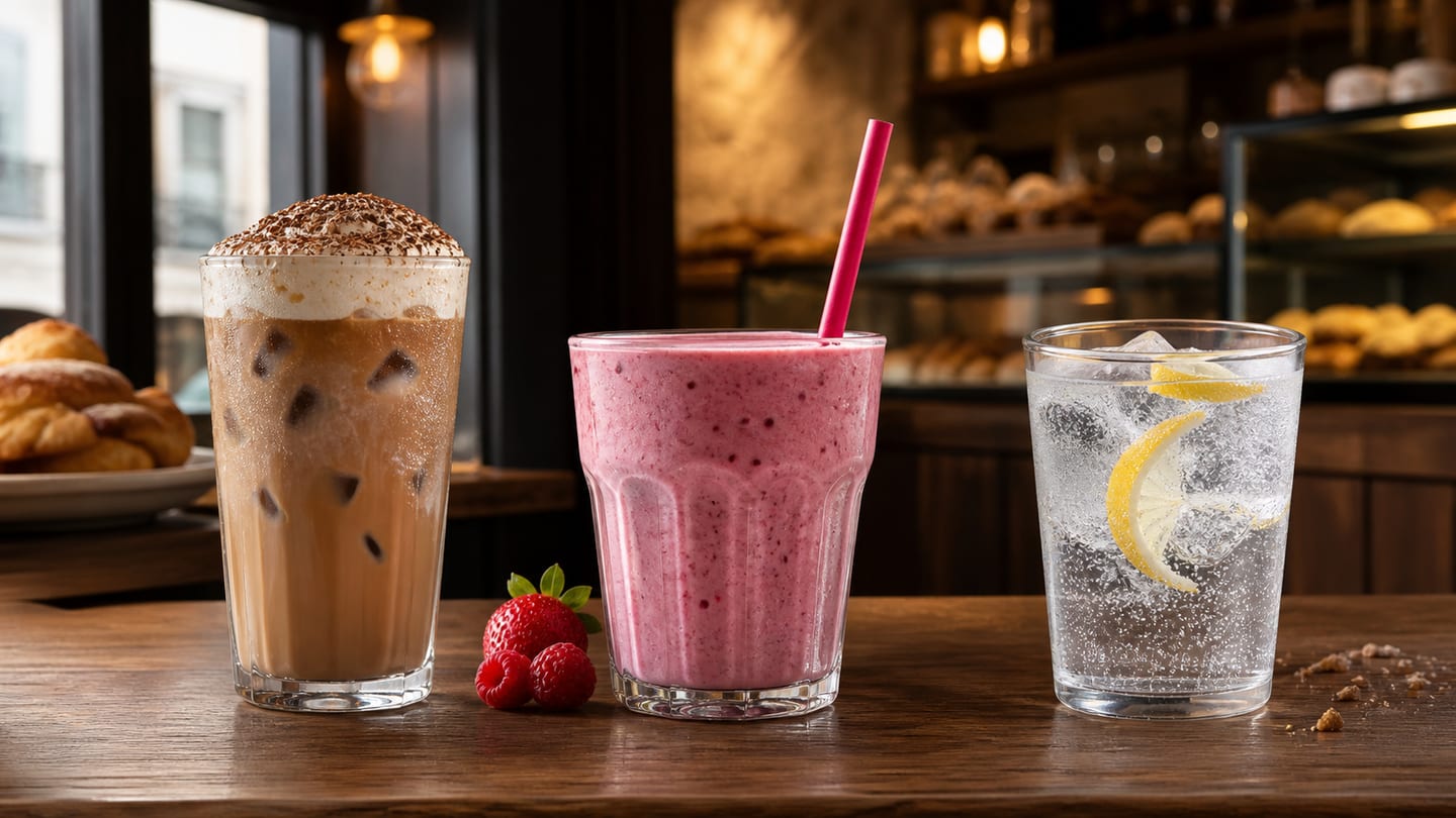 Frappé de café, batido de frutos rojos y bebida de agua con limón