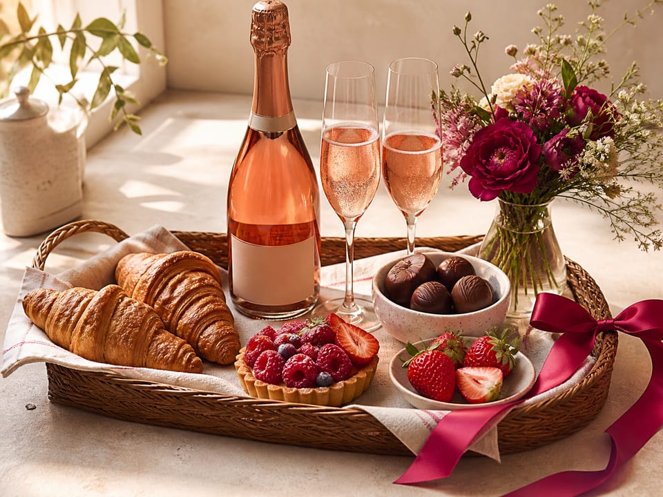 Desayuno de celebración con bollería, fruta, chocolates y espumoso rosado