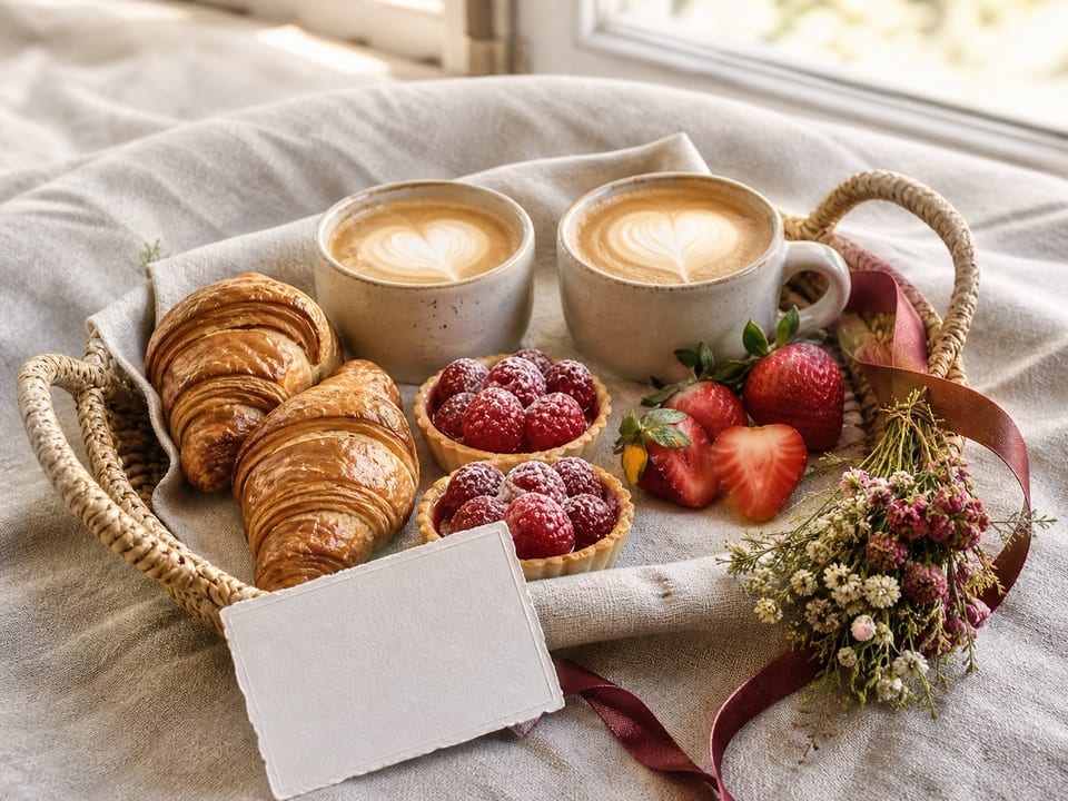 Desayuno romántico para dos con café, croissants y tartaletas de frambuesa