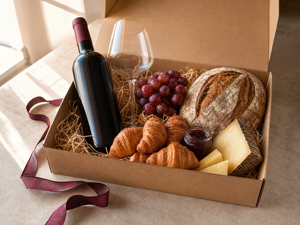 Desayuno regalo con vino, pan, queso, fruta y croissants